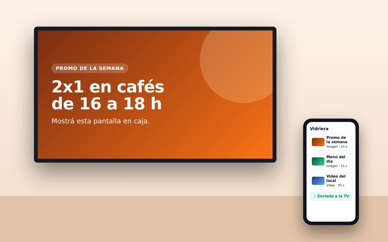 TV de un café mostrando una promo, y el celular con la lista de contenidos y el aviso «Enviado a la TV»